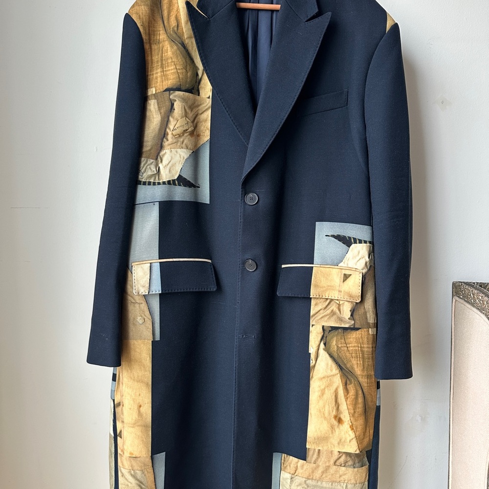 Oversized Acne Navy and Tan Patchwork Trench Wool Coat